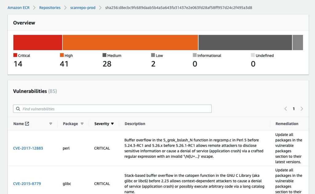 Amazon Elastic Container Registry (ECR) dashboard interface