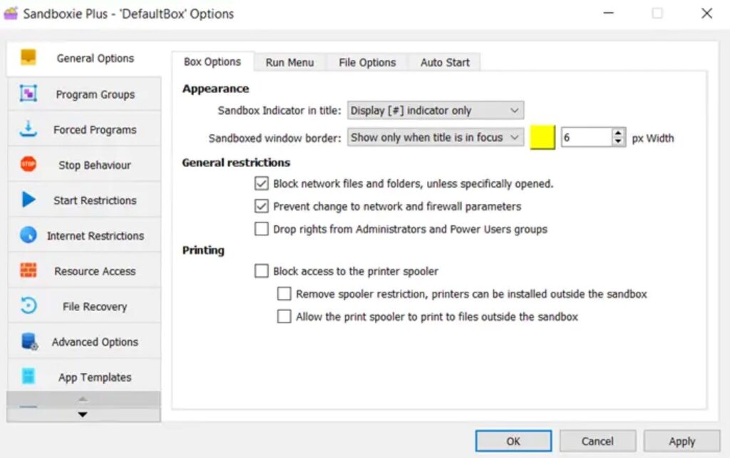 Sandboxie advanced configuration interface
