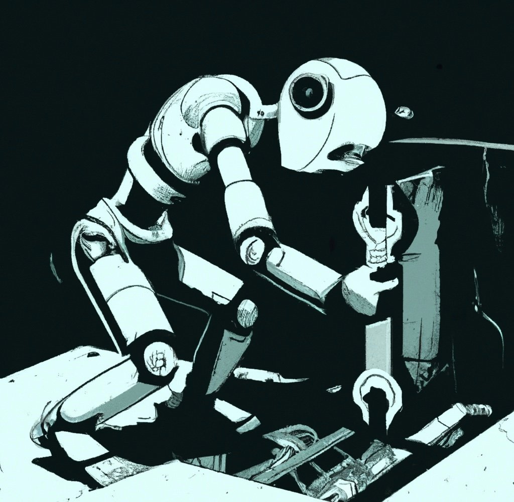 Graphic of AI Robot holding a wrench while fixing a machine