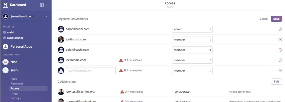 Heroku review showing members and their type of access on the platform
