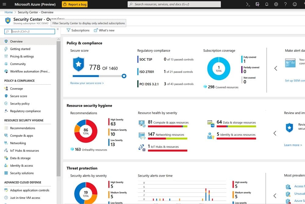 Microsoft Azure review screenshot showing security center