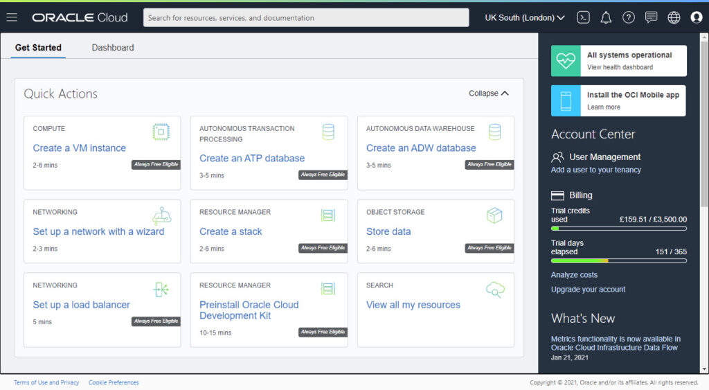 A screenshot of the main page for the tool Oracle Cloud Infrastructure.