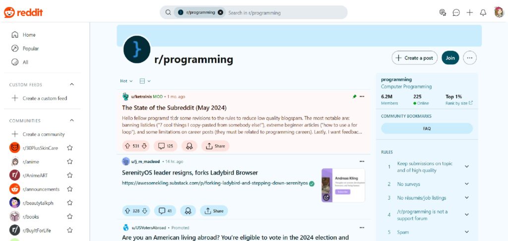 The r/programming community page in Reddit