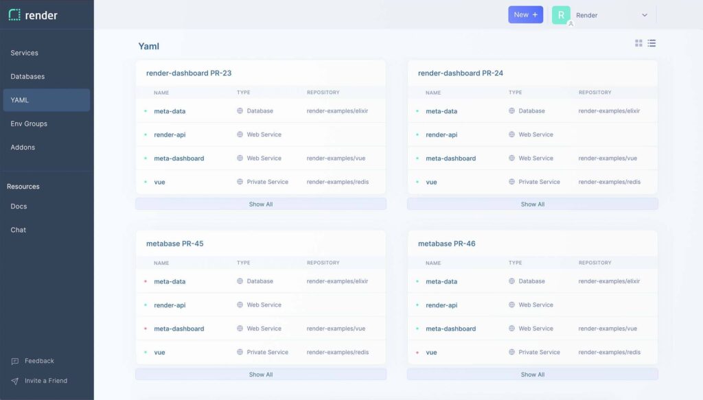 A photo of the YAML tab in Render.