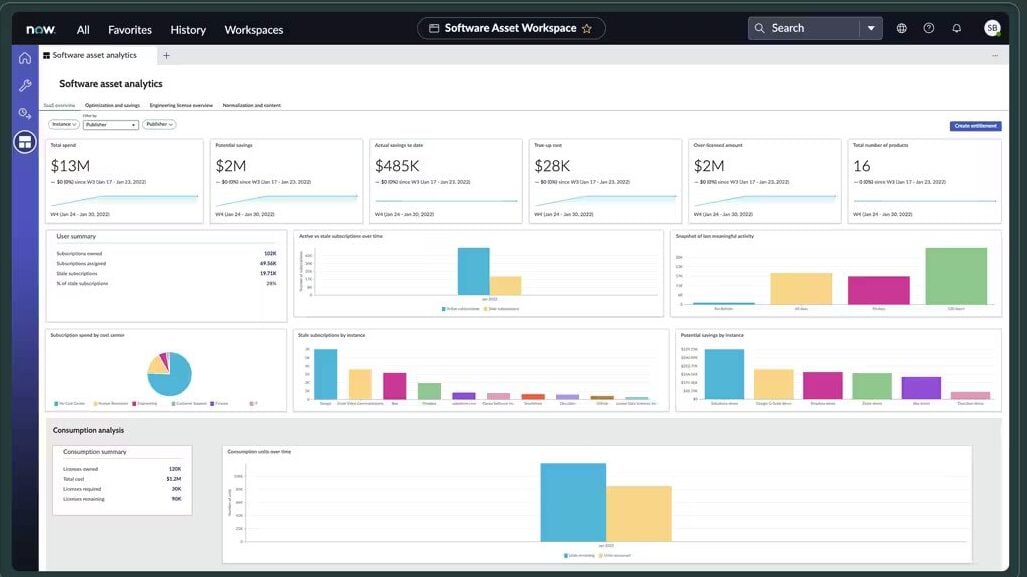 ServiceNow software review showing the software asset analytics feature