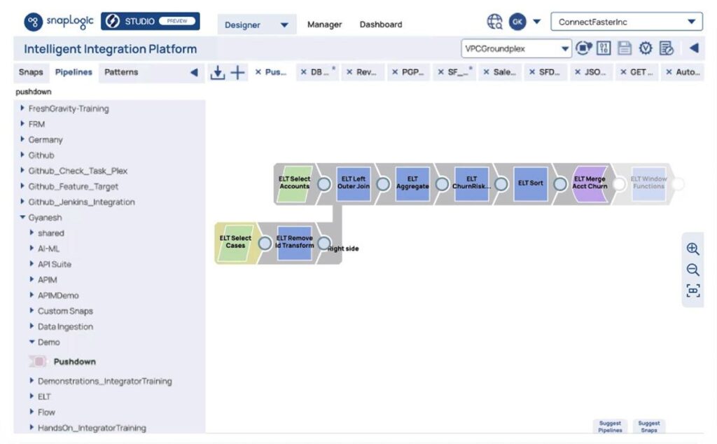 A photo of the pipelines tab inside SnapLogic Integration Cloud.