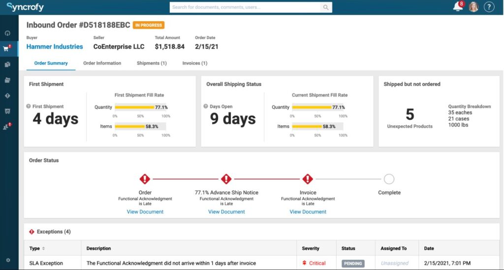 Syncrofy Cloud EDI software inbound order view