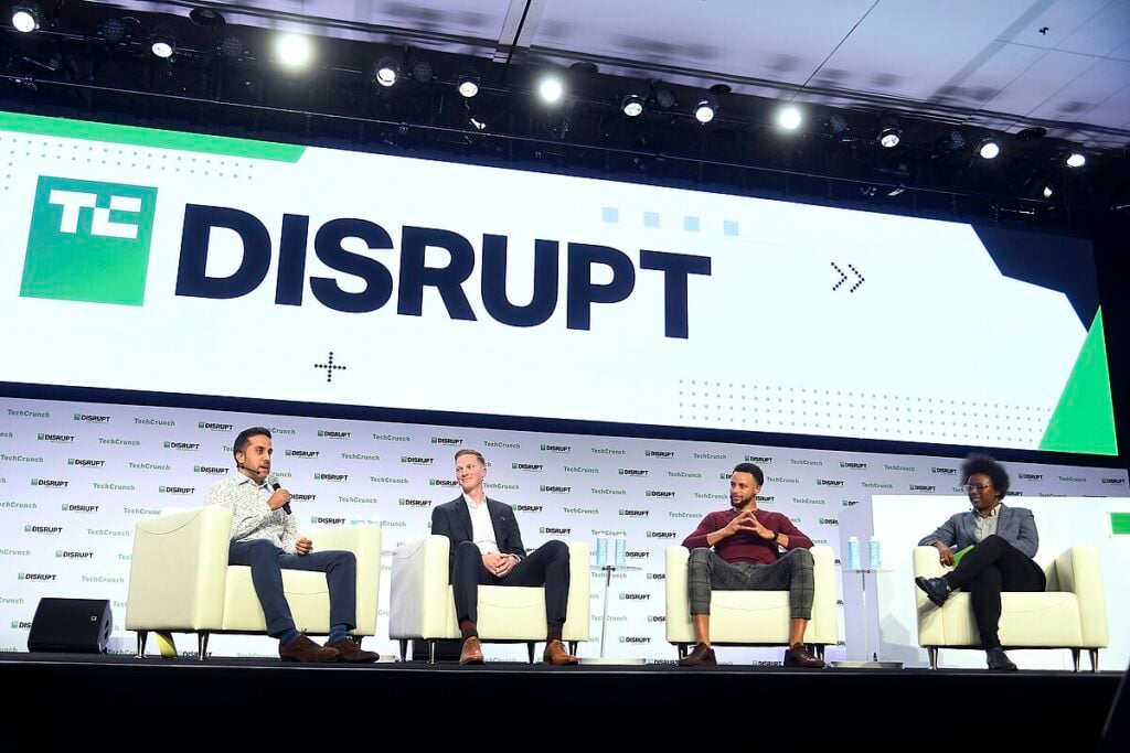 Panelists Hussein Fazal, Bryant Barr, Stephen Curry, and Megan Rose Dickey at the TechCrunch Disrupt San Francisco 2019