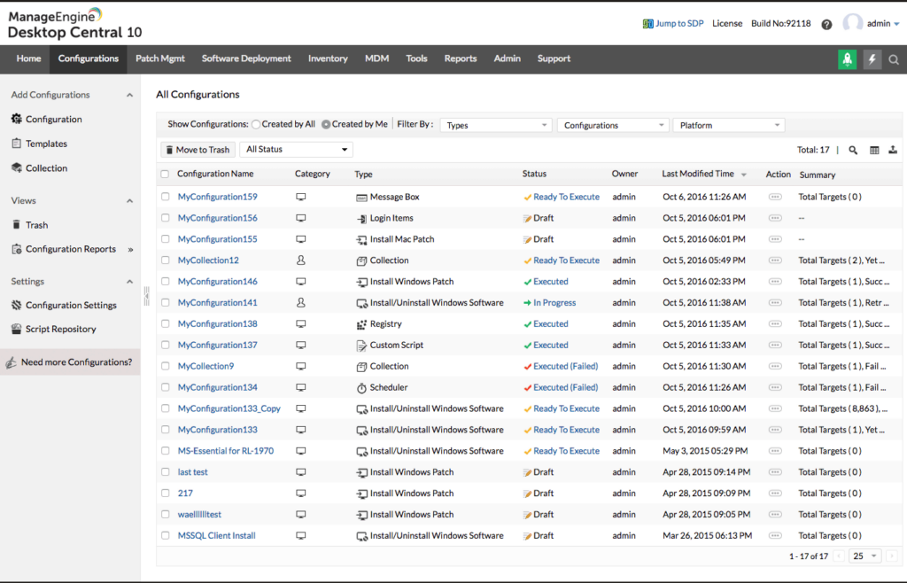 ManageEngine Endpoint Central configuration view interface