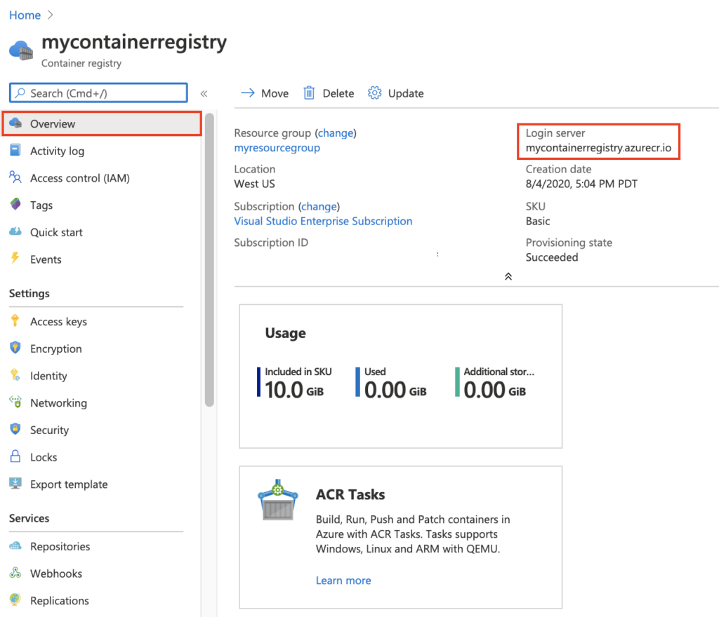 Azure Container Registry portal overview interface