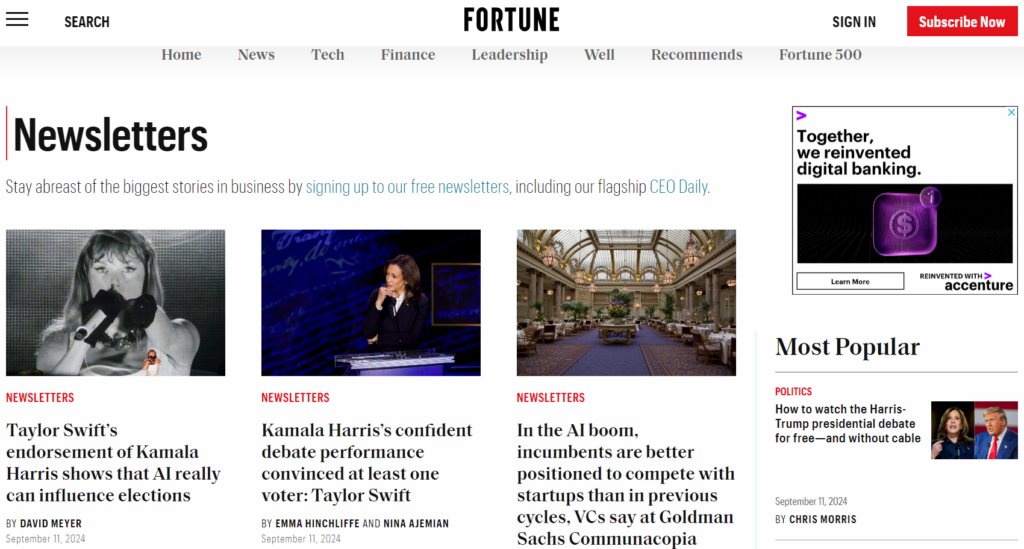Fortune newsletters landing page overview