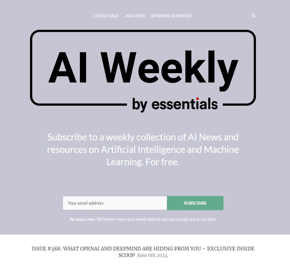 AI Weekly Newsletter landing page screenshot