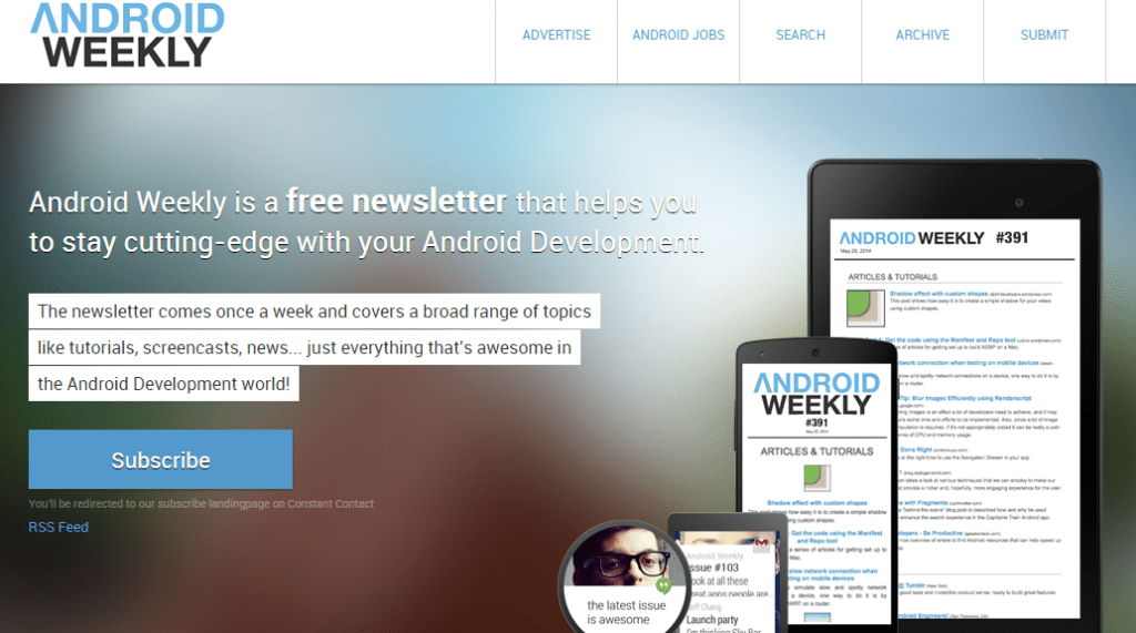 The landing page of the Android Weekly Newsletter