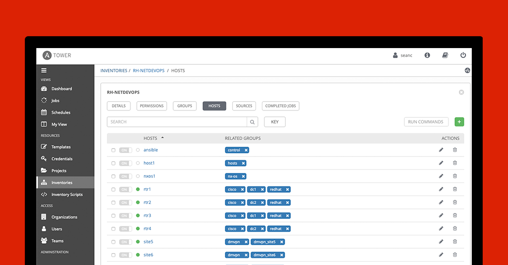 Ansible review screenshot showing inventory dashboard