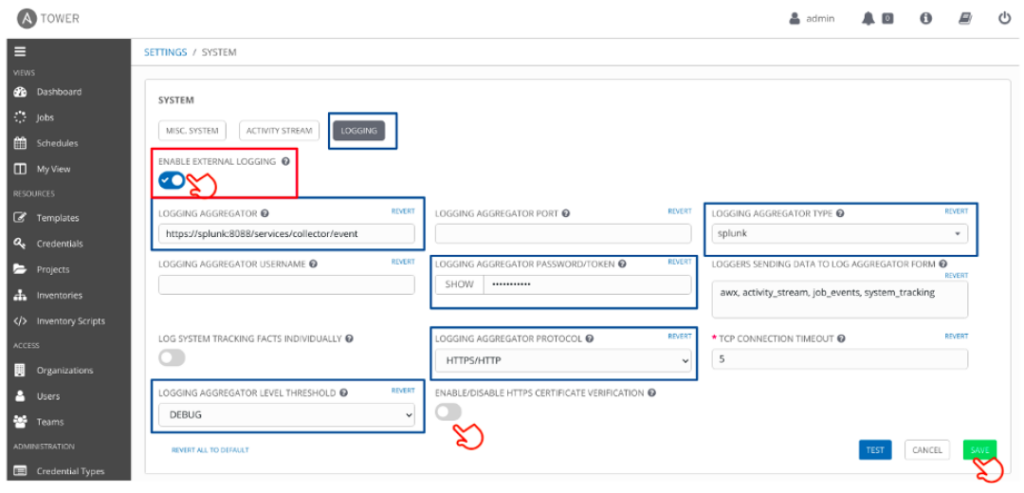 Ansible logging system settings