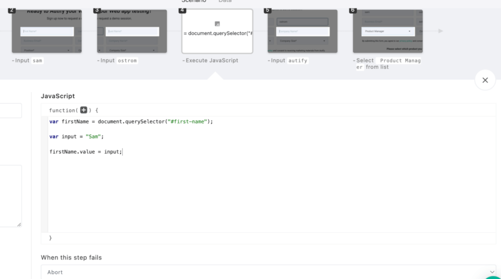 autify javascript step screenshot
