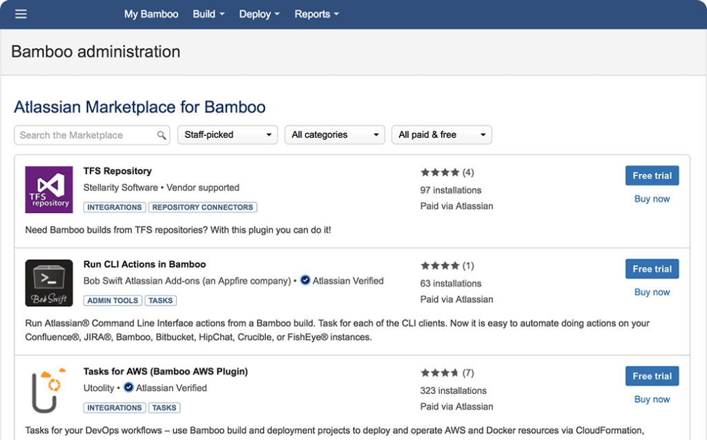 Atlassian Bamboo review screenshot shpwing Atlassian Marketplace for Bamboo showing all downloadable plugins you can use