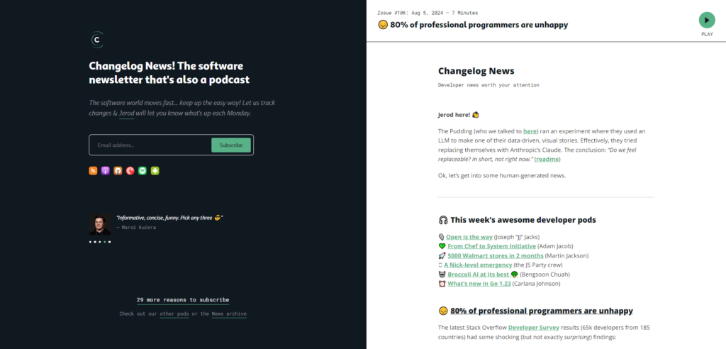 Changelog newsletter landing page