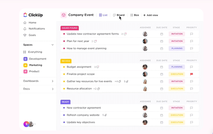 ClickUp project and tasks dashboard