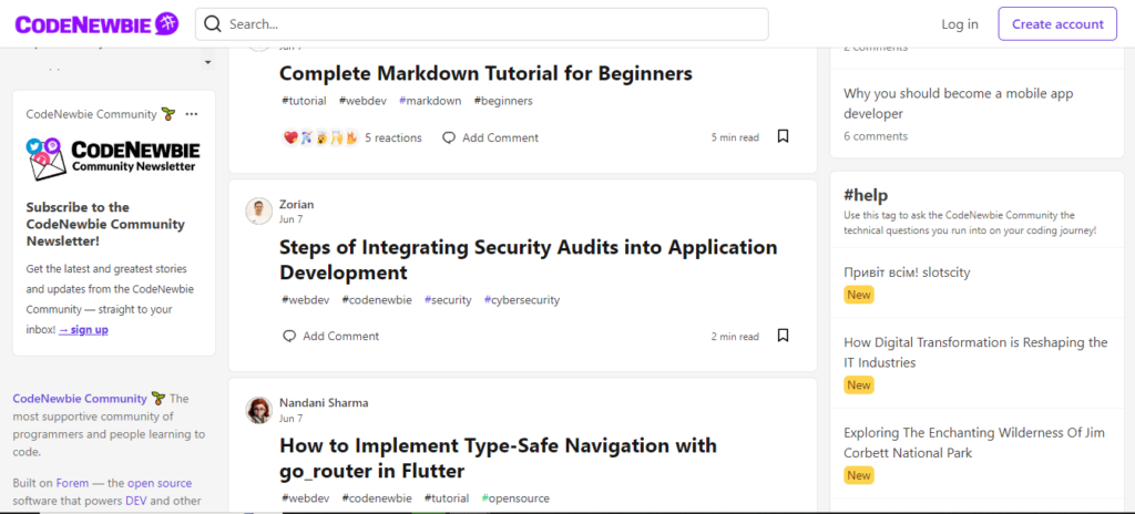Screenshot of the landing page of CodeNewbie, a open source newsletters