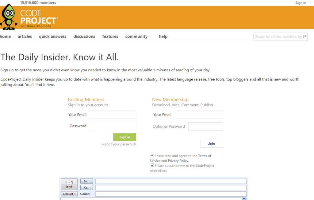 The CodeProject Daily Insider Newsletter subscription page