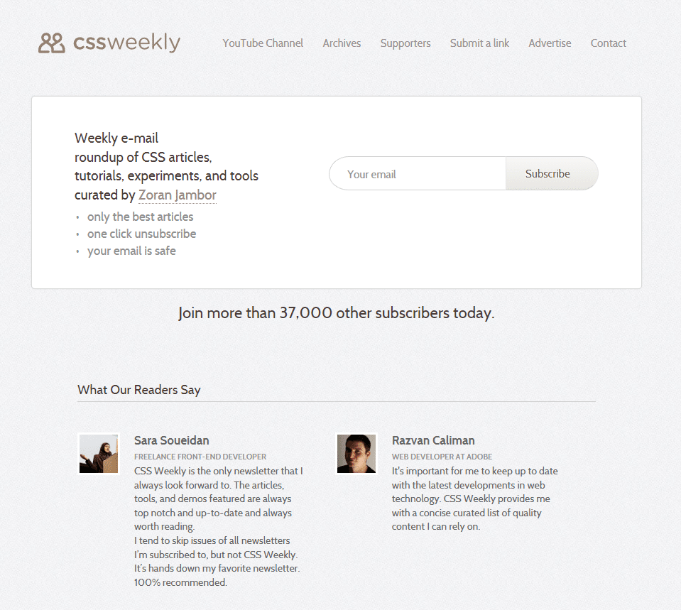 Screenshot of the landing page for the CSS Weekly Newsletter