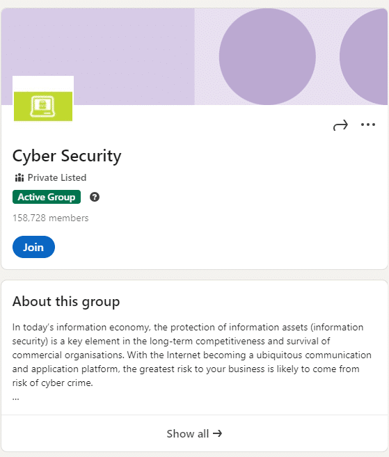 LinkedIn Cybersecurity Experts Group page screenshot