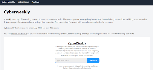 The CyberWeekly newsletter page screenshot