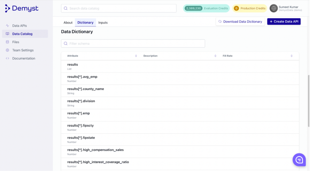 A photo focused on the data catalog tab of the tool DemystData.