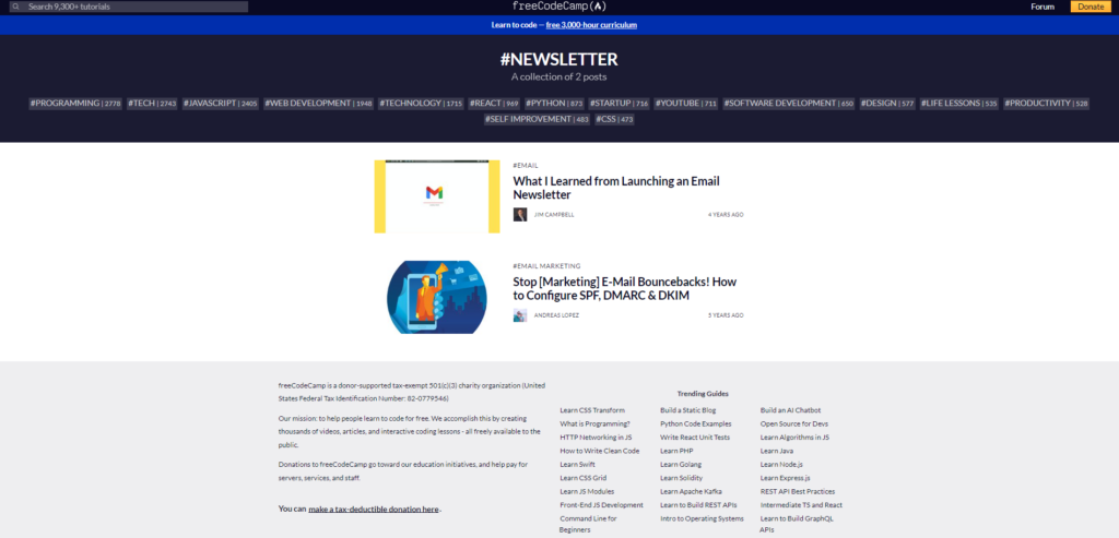 FreeCodeCamp Newsletter by DEV Community landing page