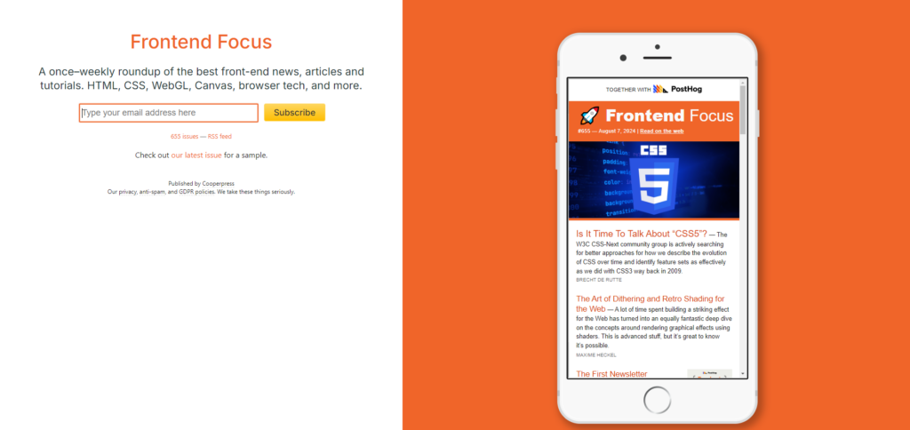 Frontend Focus newsletter landing page