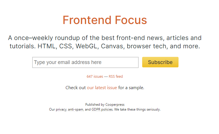 Screenshot of the landing page for the Frontend Focus Newsletter