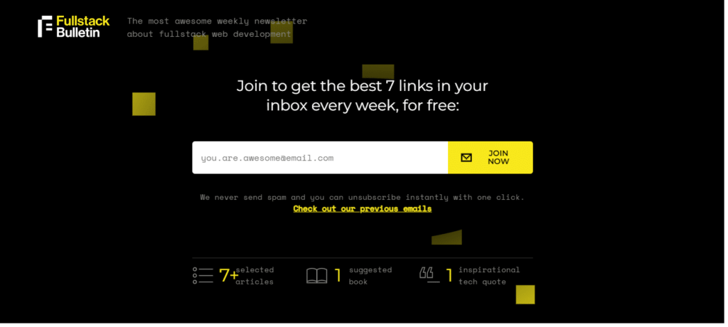 Screenshot of the subscription form of Fullstack Bulletin, a open source newsletters