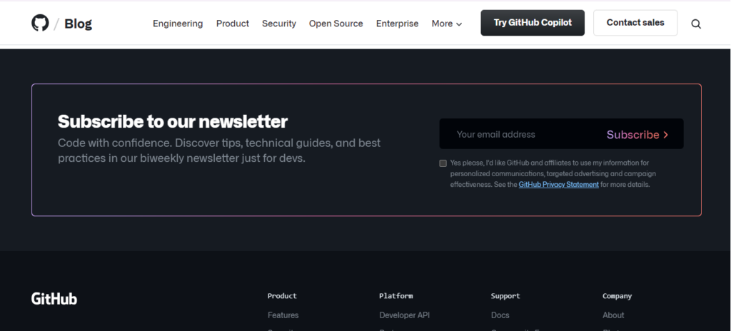 Screenshot of the subscription form of GitHub newsletter, a open source newsletters