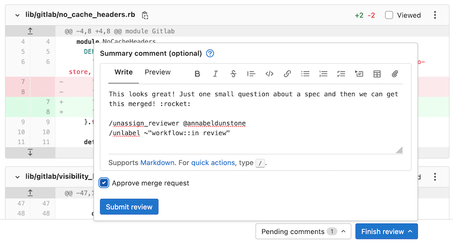 GitLab review screenshot showing merge request changes as a patch file