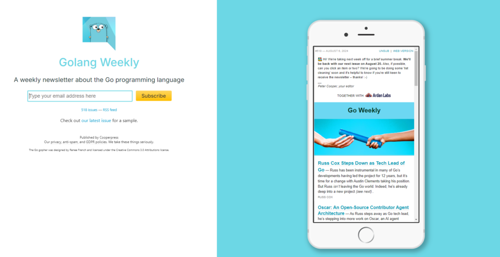 Golang Weekly newsletter landing page