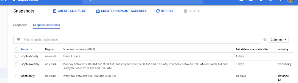 Google Cloud review screenshot showing snapshot schedules