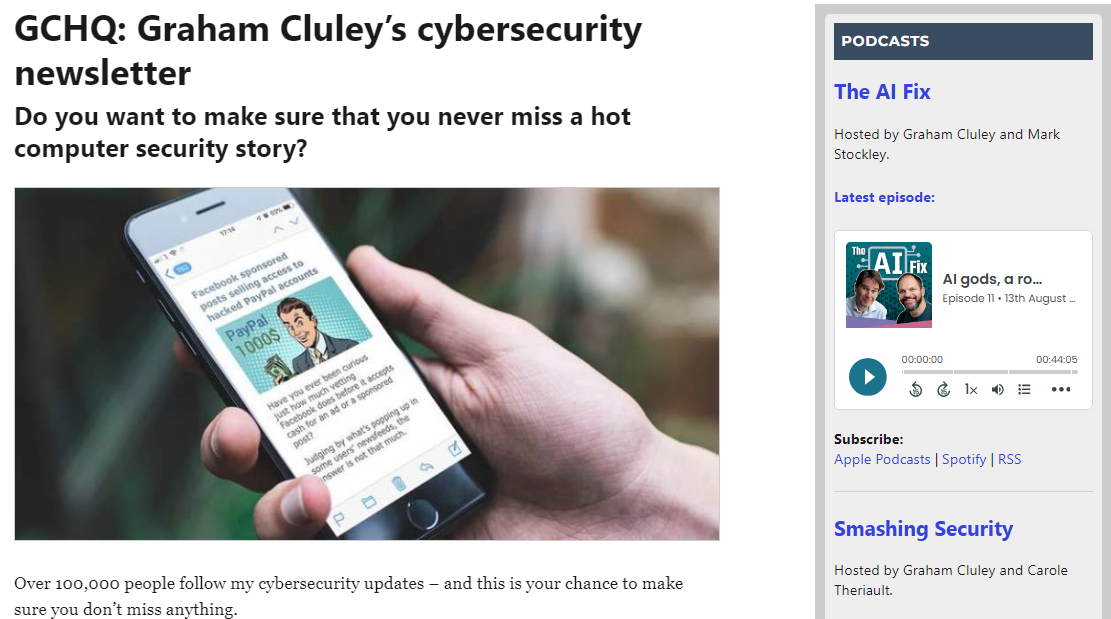 Graham Cluley, a cybersecurity newsletters homepage