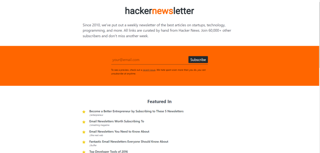 Hacker Newsletter landing page