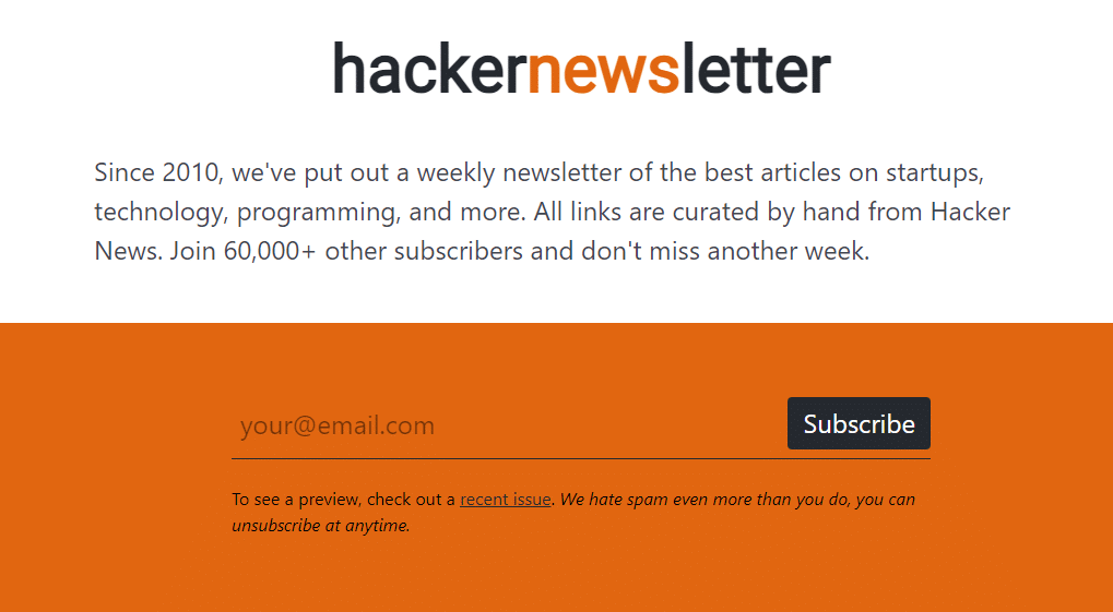The Hacker Newsletter landing page