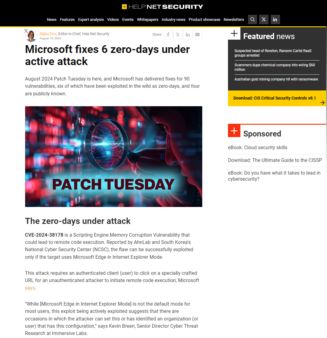 a screenshot of the Help Net Security newsletter page