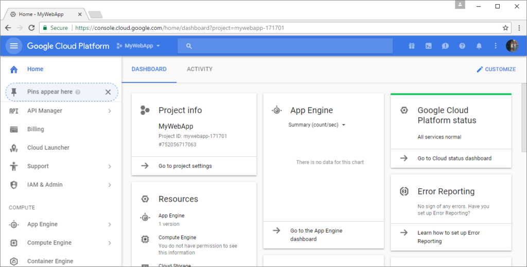Google App Engine software dashboard view