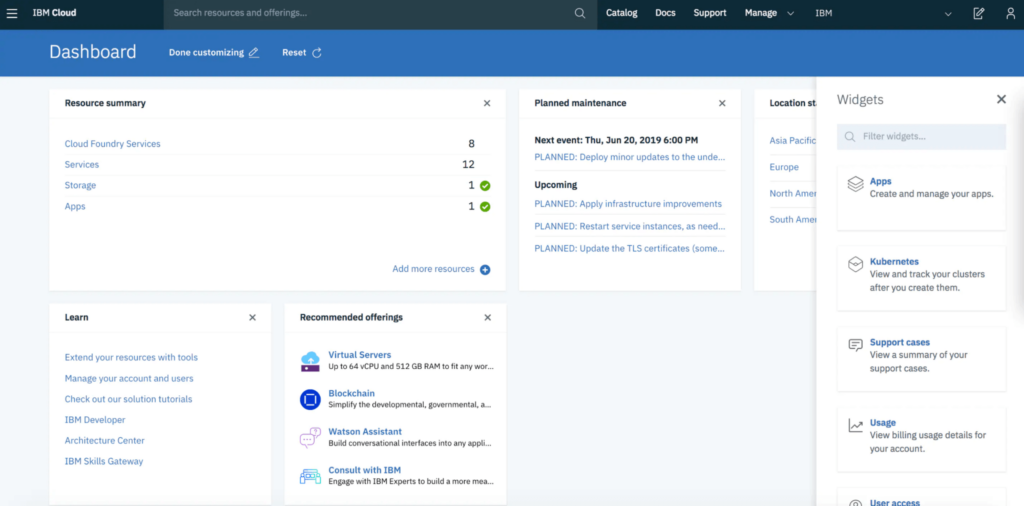 A photo for the dashboard of the tool IBM Cloud.