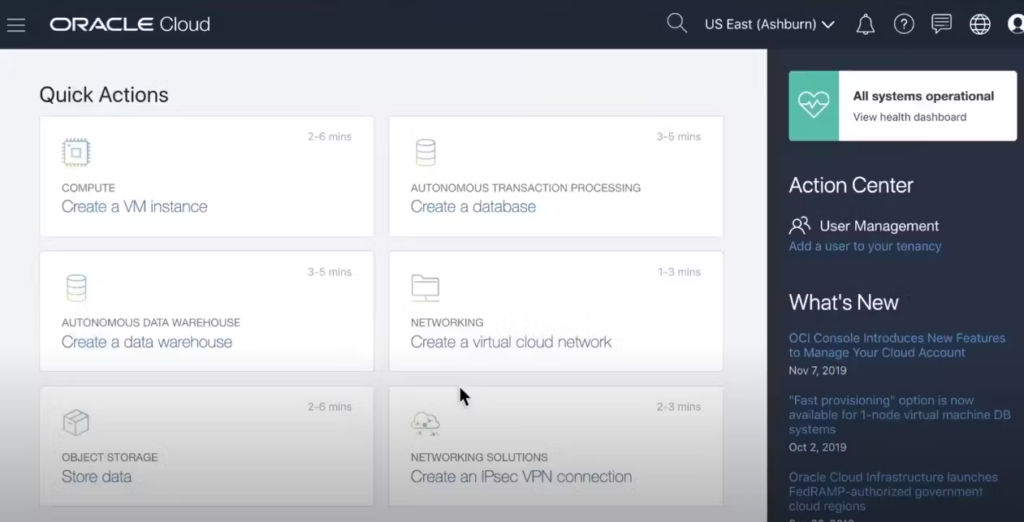 Oracle Cloud Infrastructure dashboard screenshot