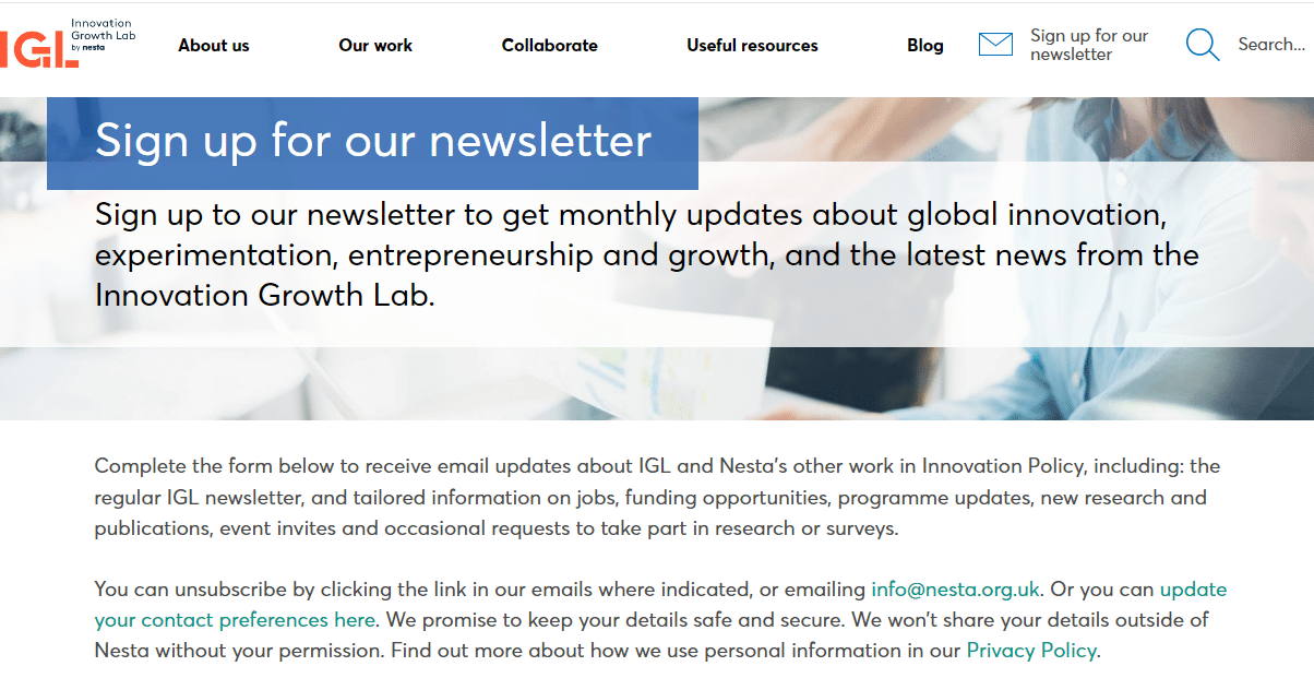 Innovation Growth Lab (IGL) newsletter subscription page