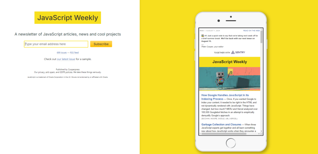 JavaScript Weekly newsletter subcription page