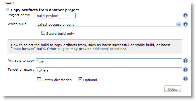 Jenkins review screenshot showing copy artifact plugin