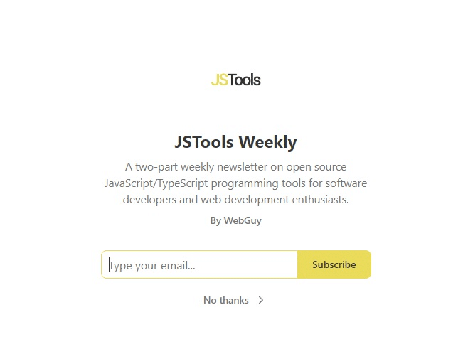 Screenshot of the landing page for the JSTools Weekly Newsletter