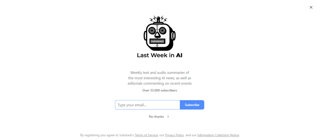 Screenshot of the landing page for the the Last Week in AI newsletter