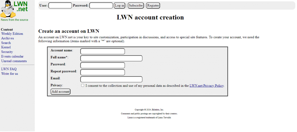 Screenshot of the account registration form of Linux Weekly News, a open source newsletters